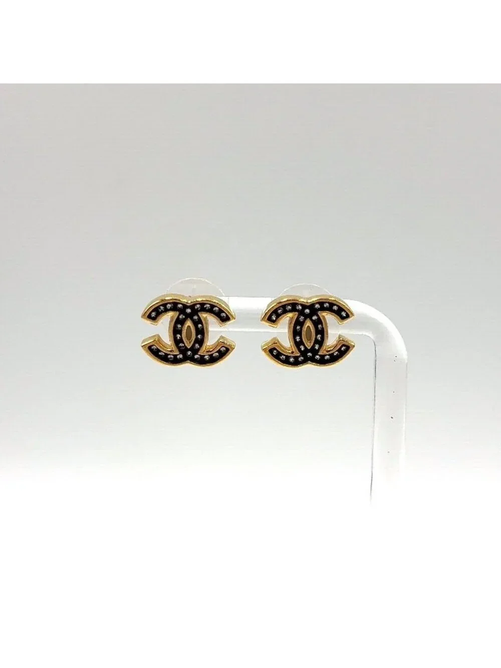 Chanel CC Logo Rhinestone Enamel Clear Gold Black Earrings